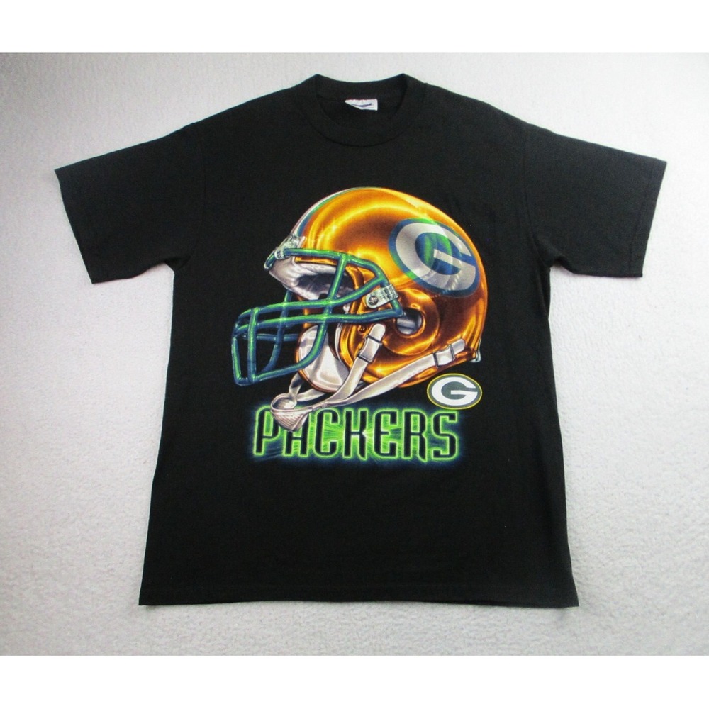 VTG Green Bay Packers T Shirt Mens Large Black Short Sleeve Helmet NFL Football